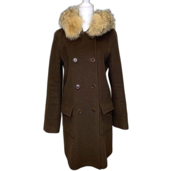 Theory Womens Coat Wool Angora Cashmere Penny Lane Fur‎ Collar Brown Size Medium - Picture 1 of 15